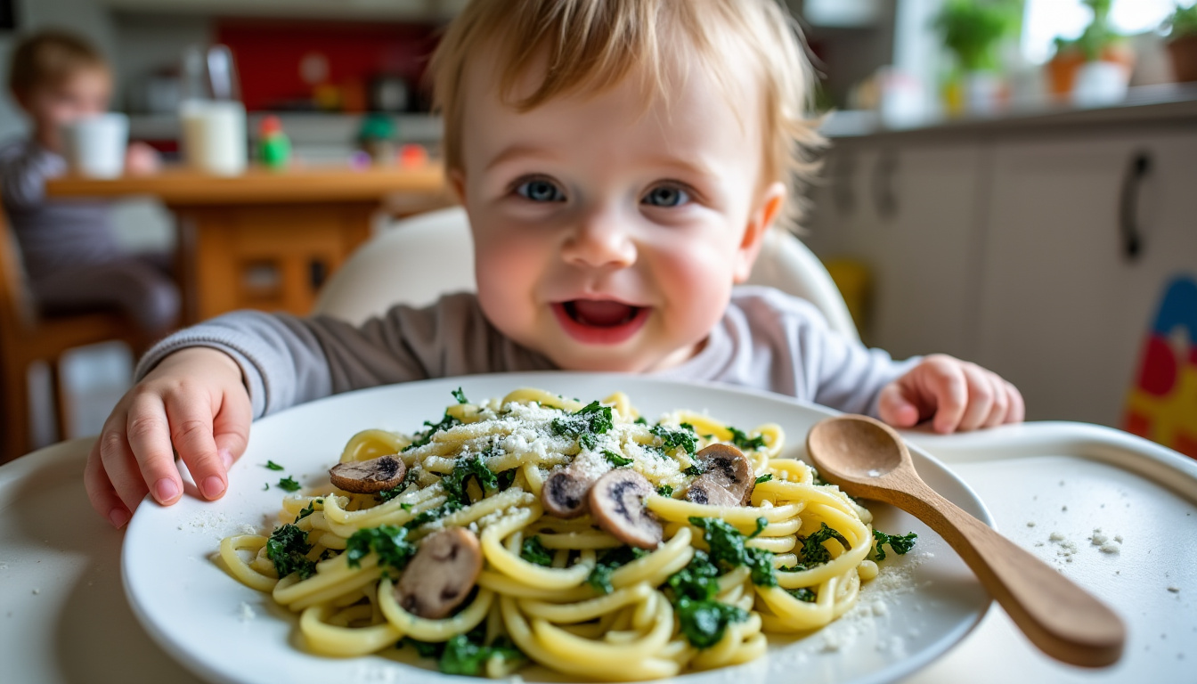 découvrez notre délicieuse recette de pâtes tendres aux épinards et cèpes, spécialement conçue pour les bébés dès 12 mois. un plat savoureux et nutritif qui éveillera les papilles de votre enfant tout en lui offrant une alimentation saine. parfait pour initier votre petit à de nouvelles saveurs!