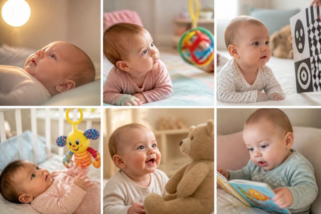 découvrez le développement de la vision de votre bébé de 1 à 6 mois, mois par mois, avec des explications claires pour mieux comprendre ses progrès visuels.