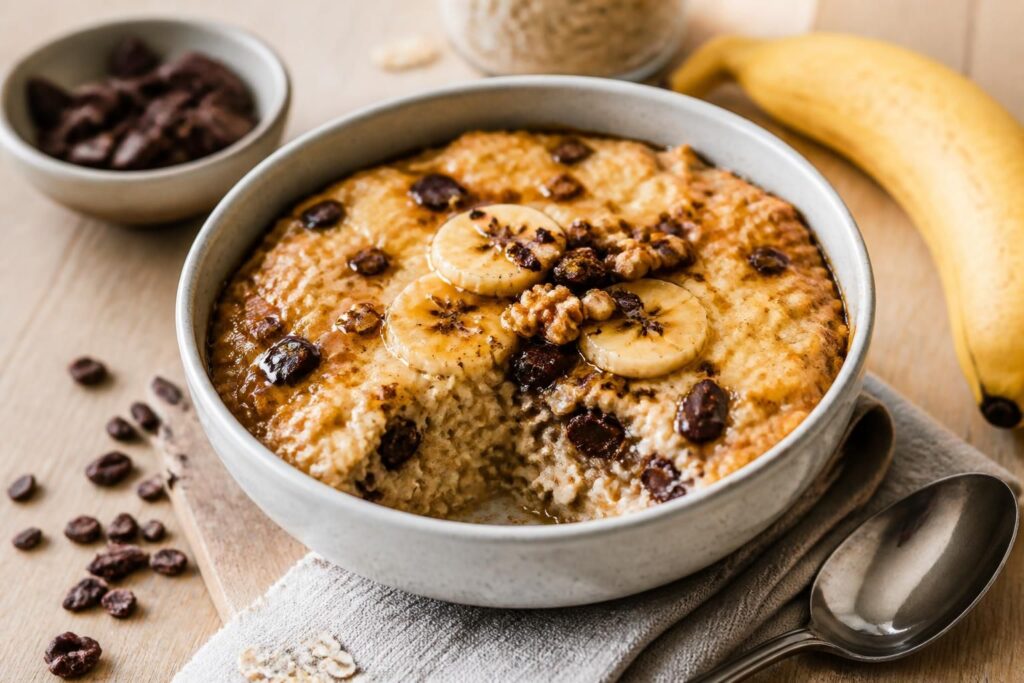 découvrez des recettes gourmandes de baked oats aux saveurs délicieuses de chocolat et banane, parfaites pour un petit-déjeuner sain et savoureux.