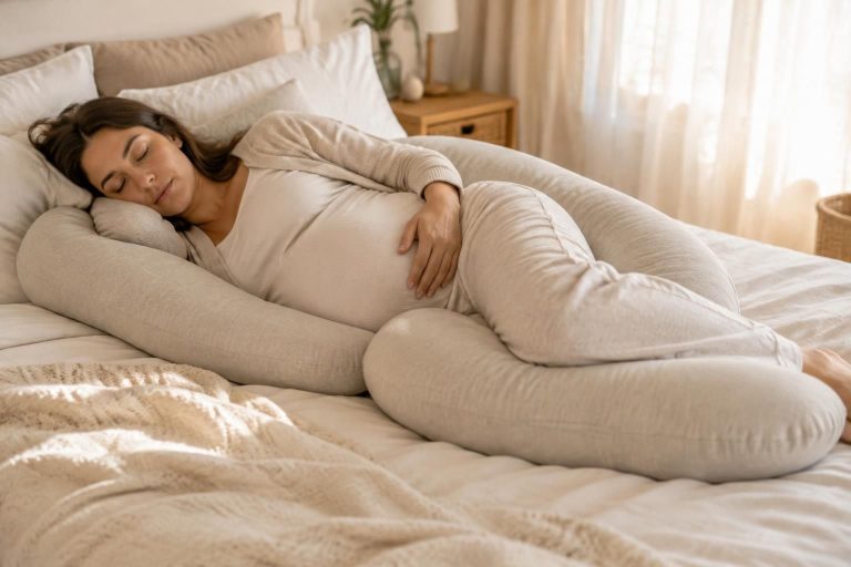 profitez d’un sommeil plus confortable pendant la grossesse grâce à un coussin de maternité qui soutient le ventre, le dos et les jambes.
