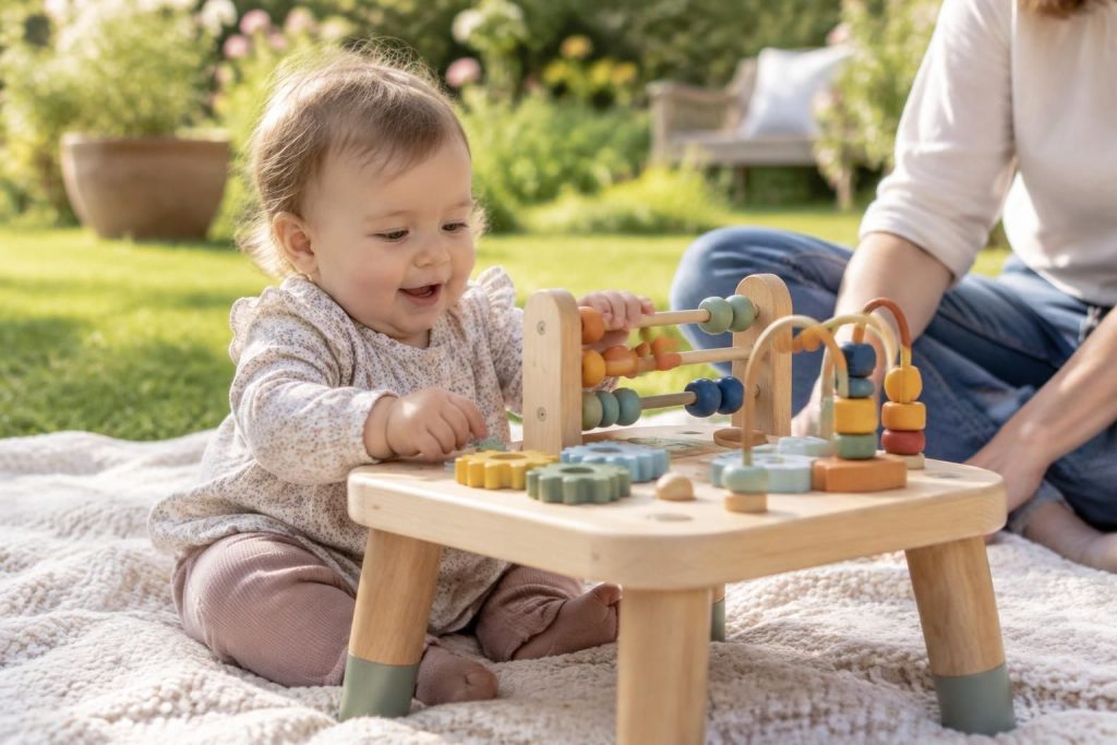 découvrez notre table d’activité pour bébé, en bois ou conçue pour l’extérieur. adaptée dès 9 mois, elle stimule l’éveil et la motricité.