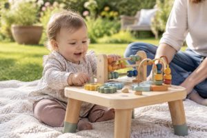 découvrez notre table d’activité pour bébé, en bois ou conçue pour l’extérieur. adaptée dès 9 mois, elle stimule l’éveil et la motricité.